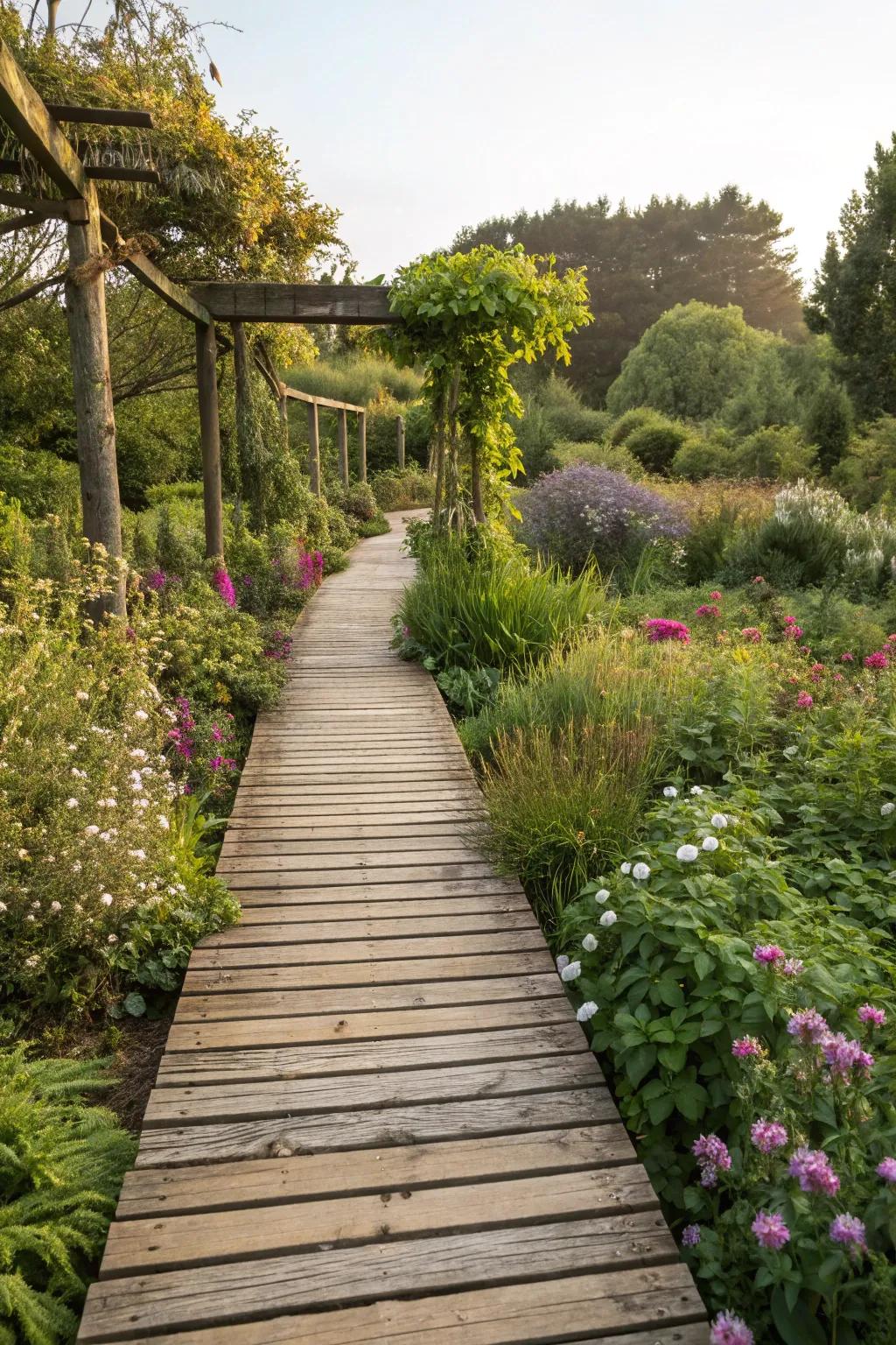 A raised wooden path adds a striking architectural feature to the garden.