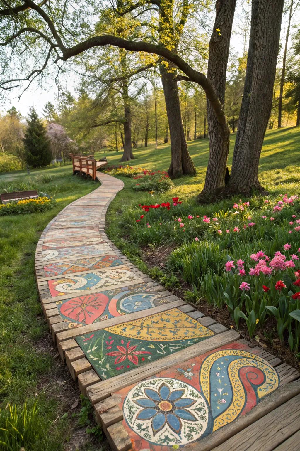 Artistic designs turn wooden pathways into garden masterpieces.