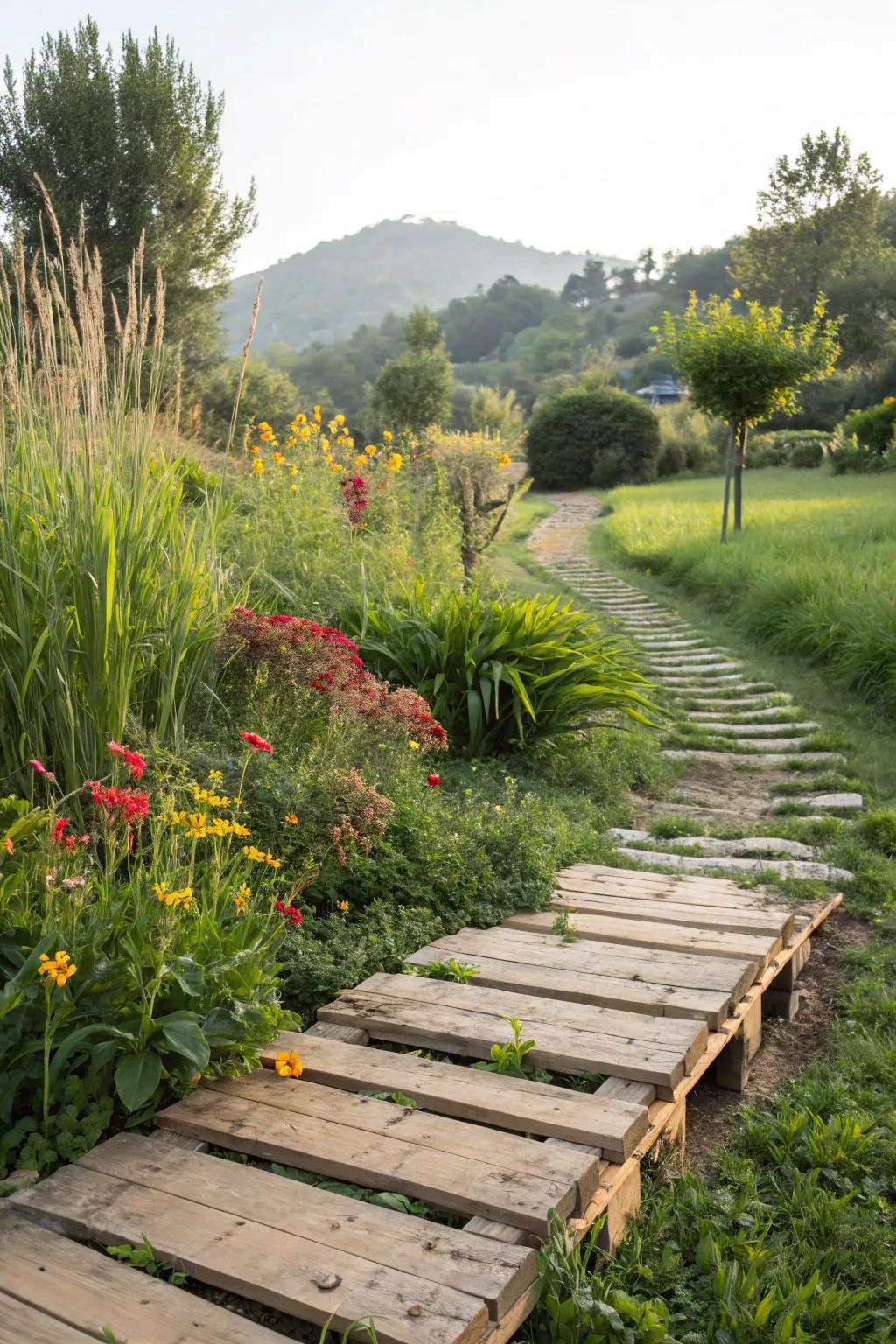 Pallet wood pathways offer a rustic and economical garden solution.