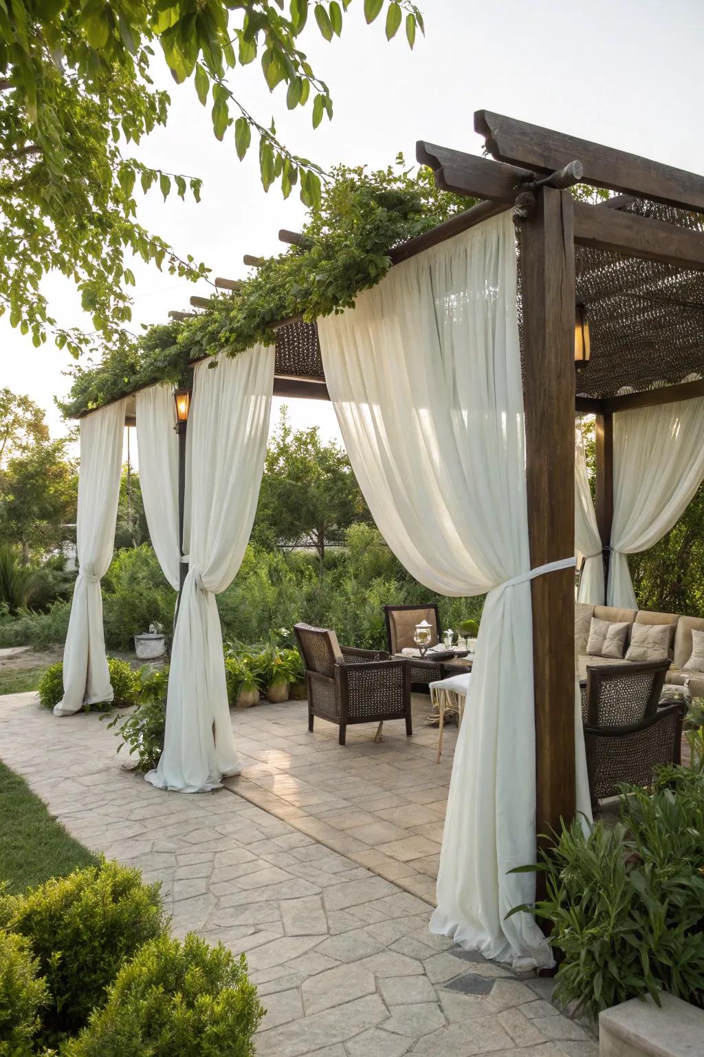 Outdoor curtains offer privacy and elegance.
