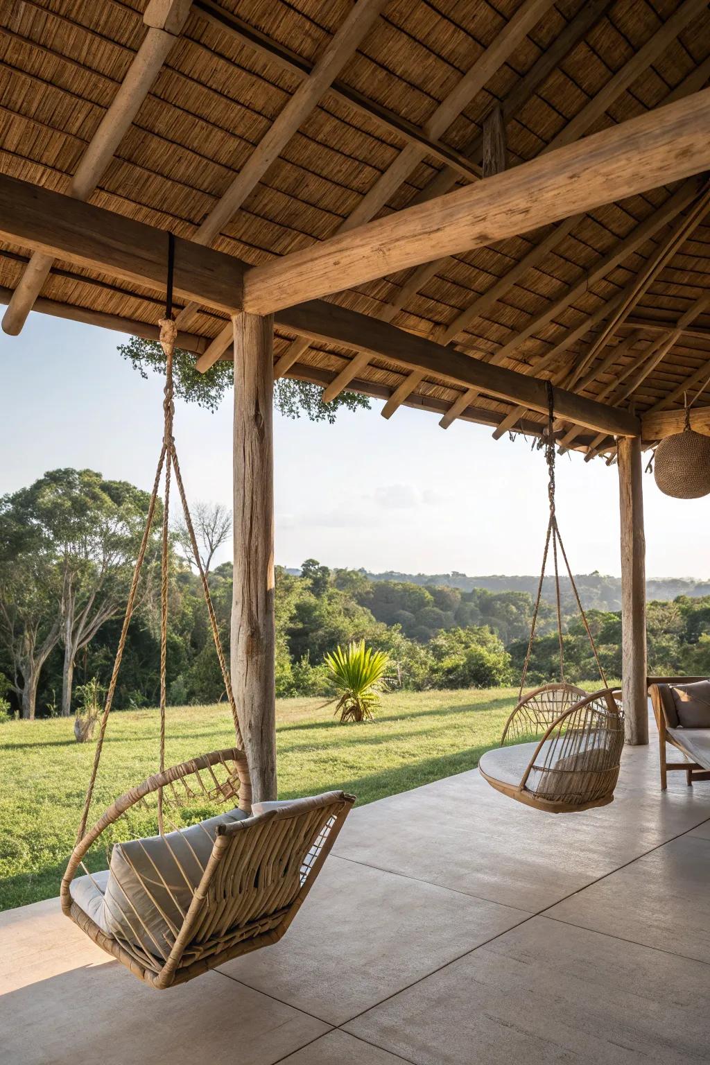 Hanging chairs add playful relaxation to outdoor spaces.