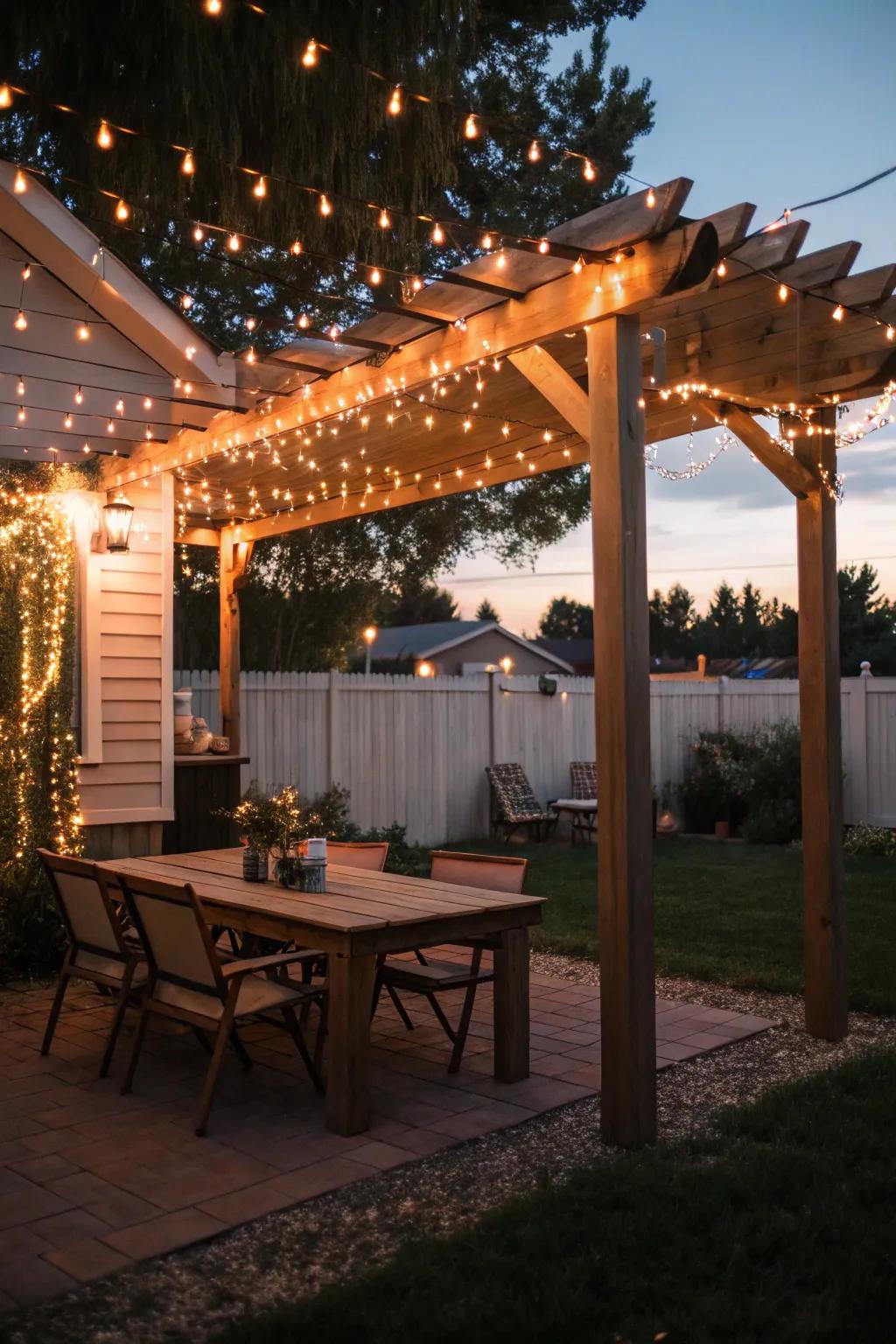 String lights create a magical evening atmosphere.