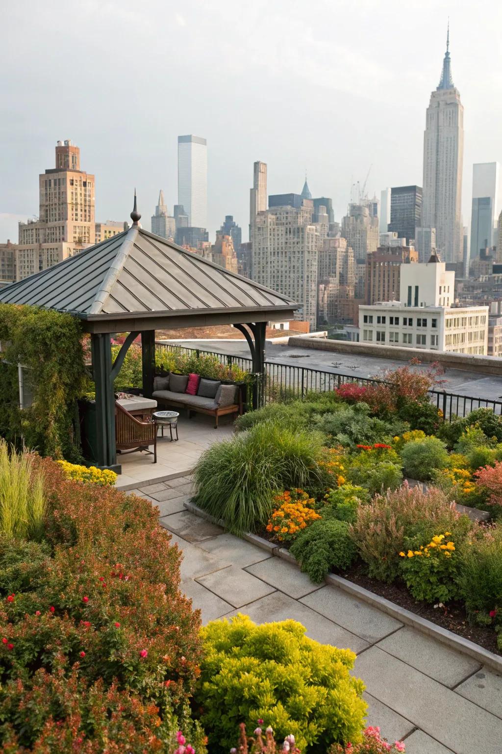 Rooftop shelters bring garden tranquility to urban settings.
