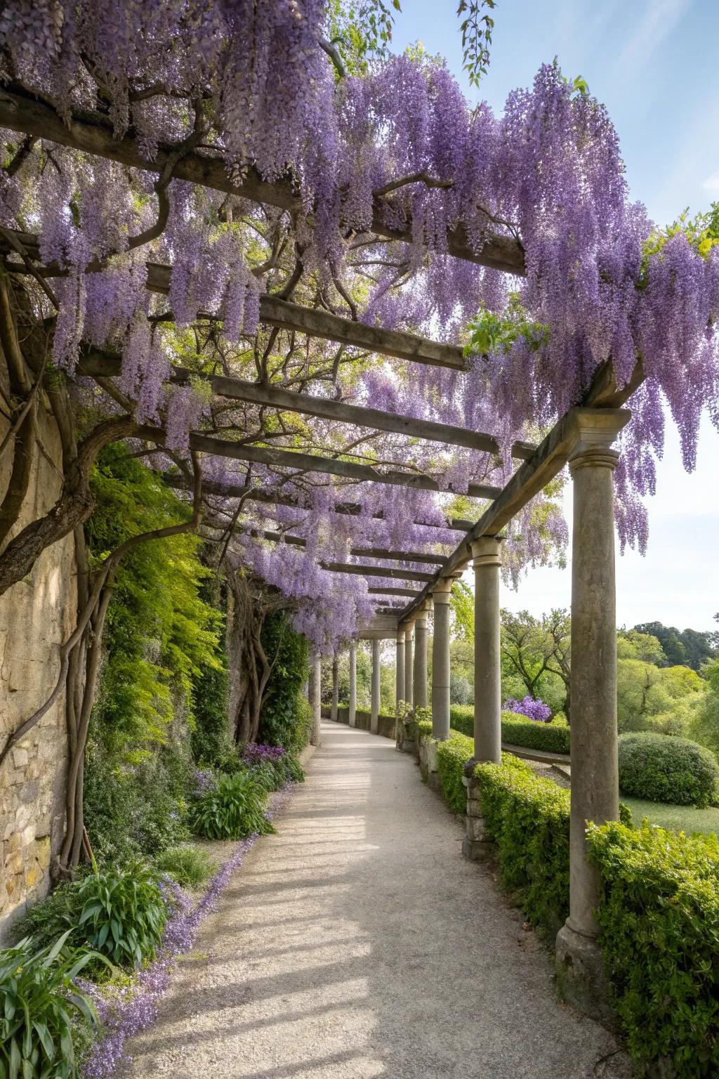 Wisteria-covered pergolas offer beauty and fragrance.