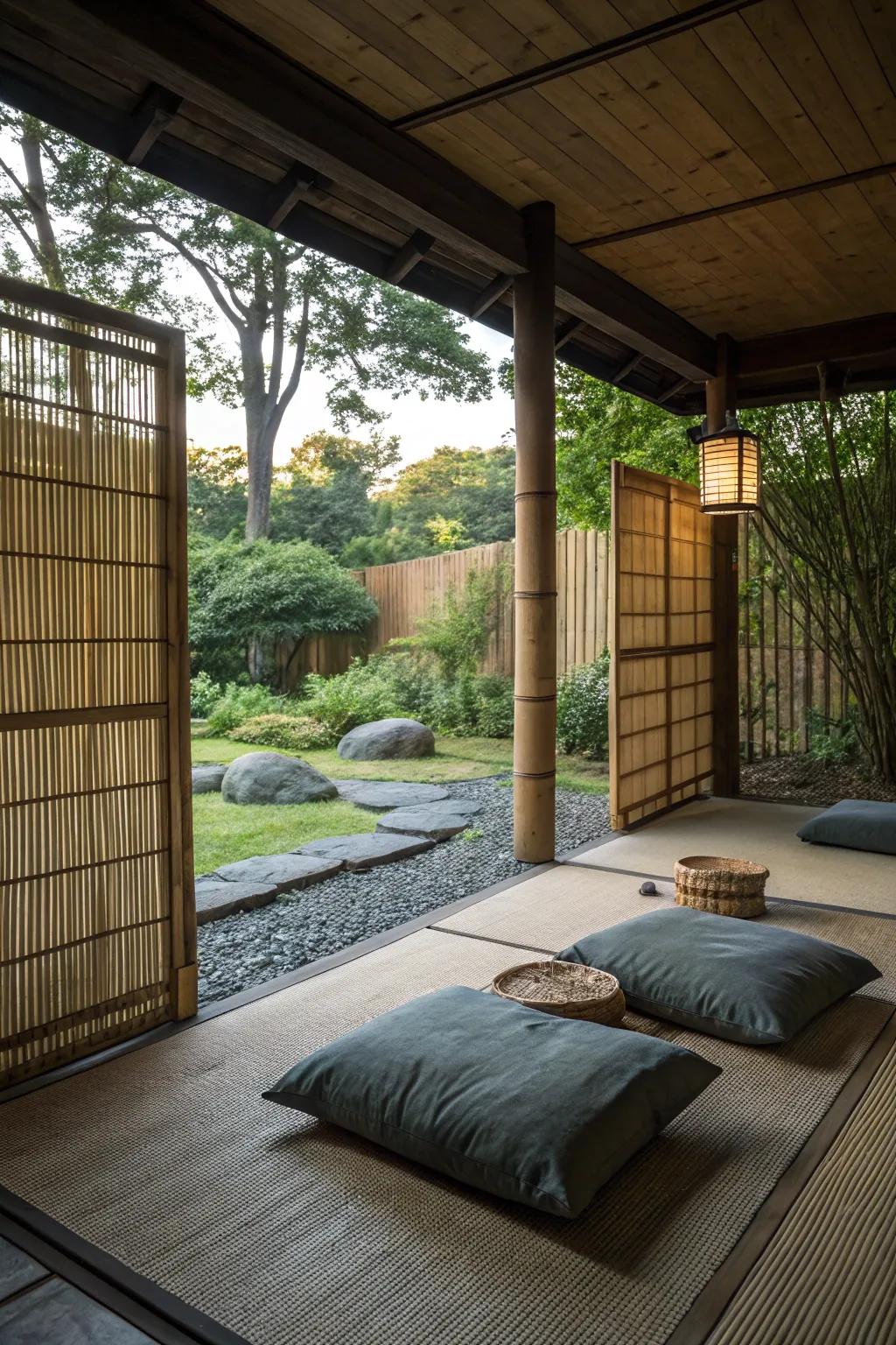 Bamboo screens enhance privacy and aesthetics.