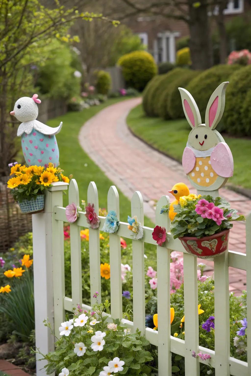 Whimsical animal-shaped toppers adding playful charm to a garden fence.