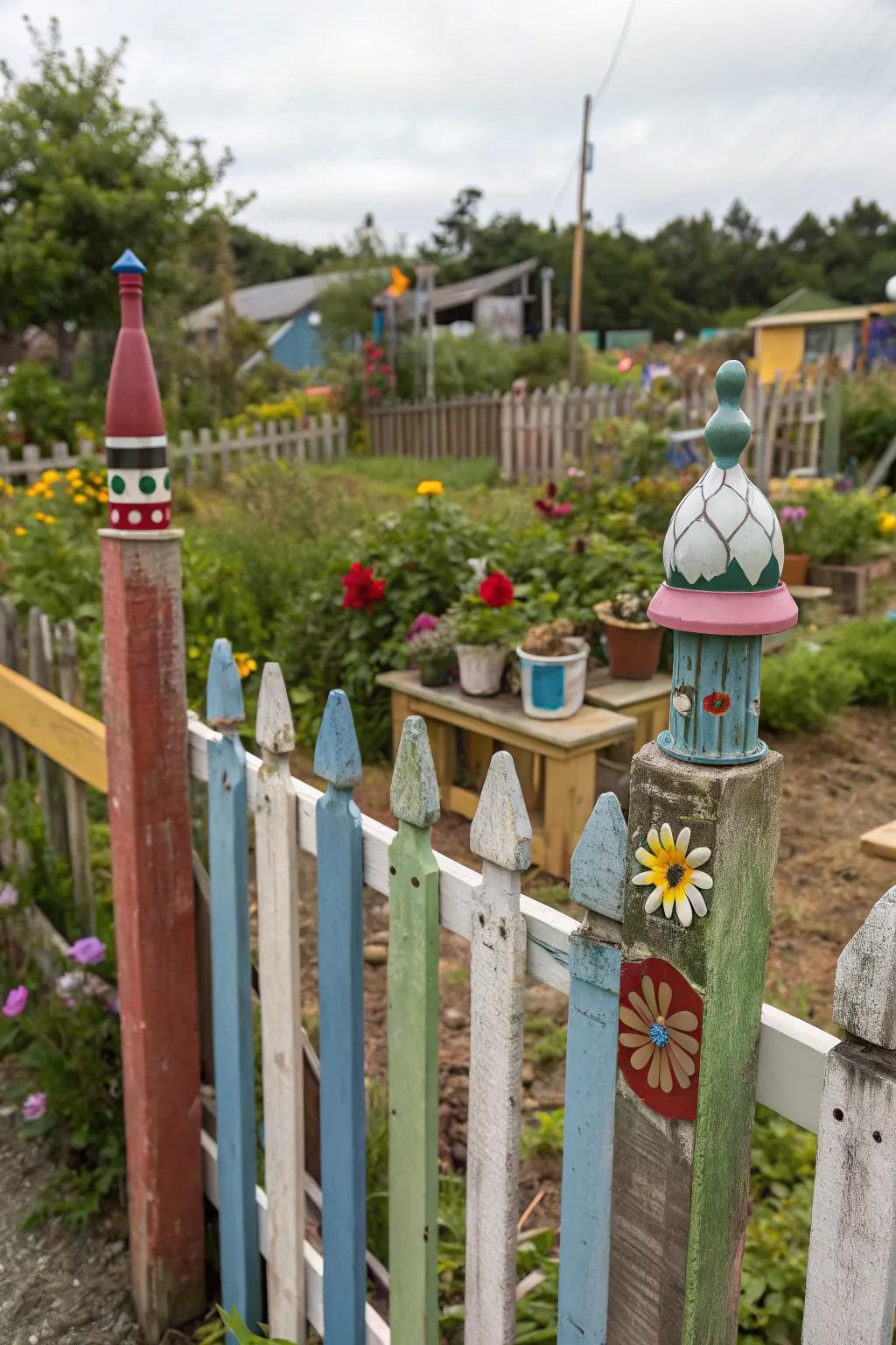 Recycled material caps adding eco-friendly flair to a garden fence.