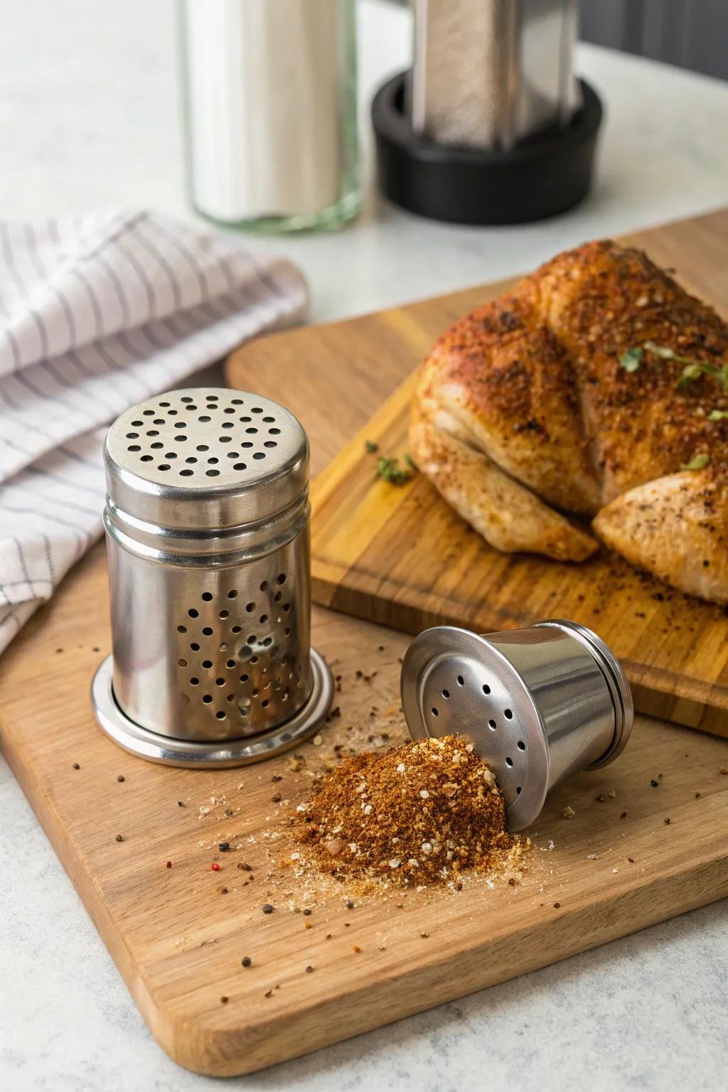 A seasoning shaker helps evenly coat meats with flavorful rubs.