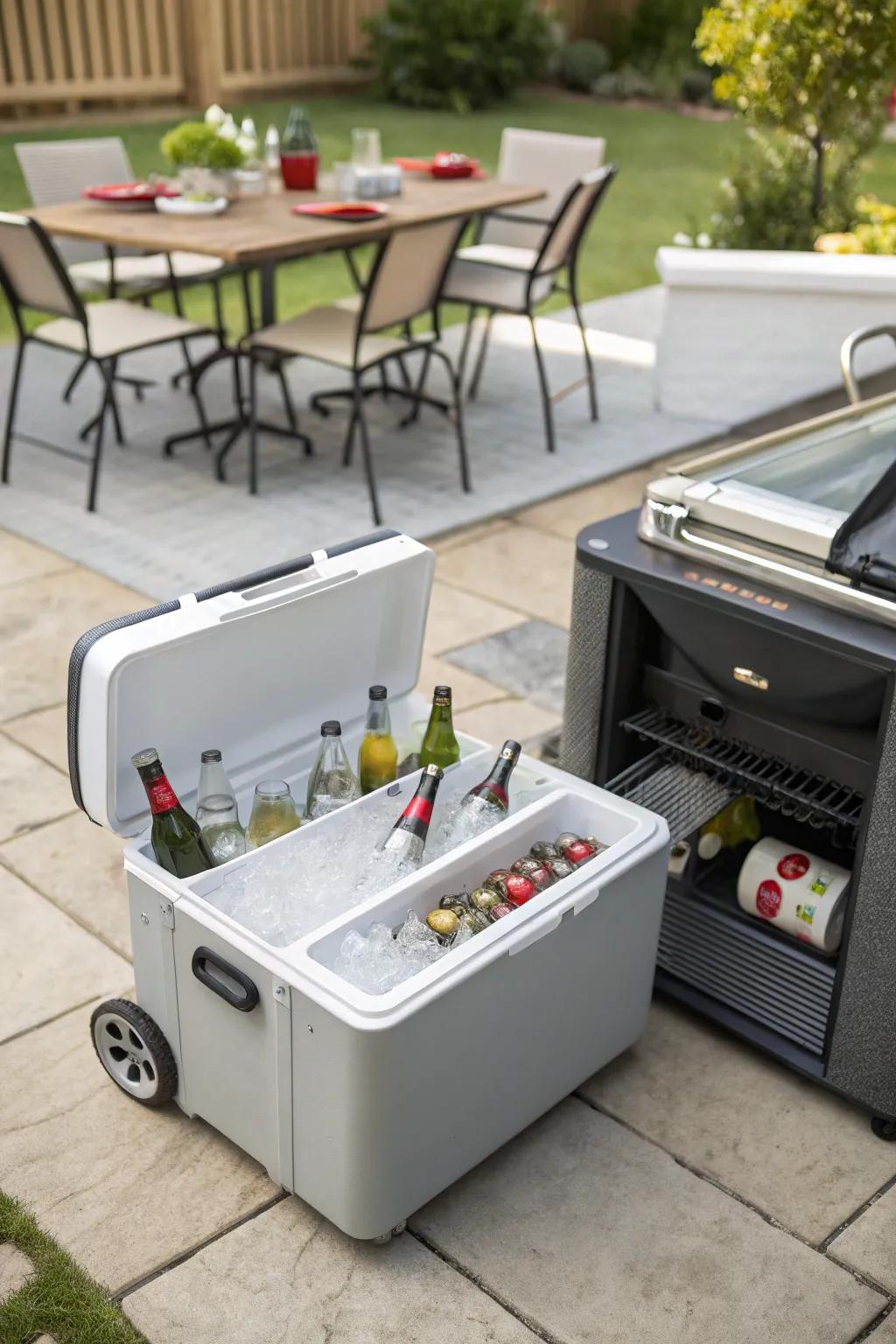 A portable cooler keeps drinks cold and refreshing at any BBQ.