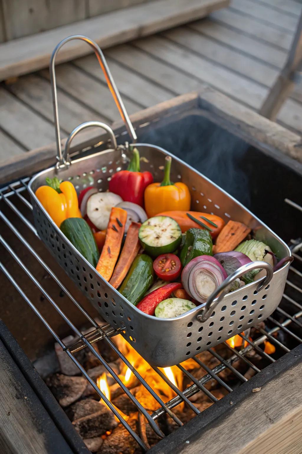 A grill basket keeps small items secure while cooking.