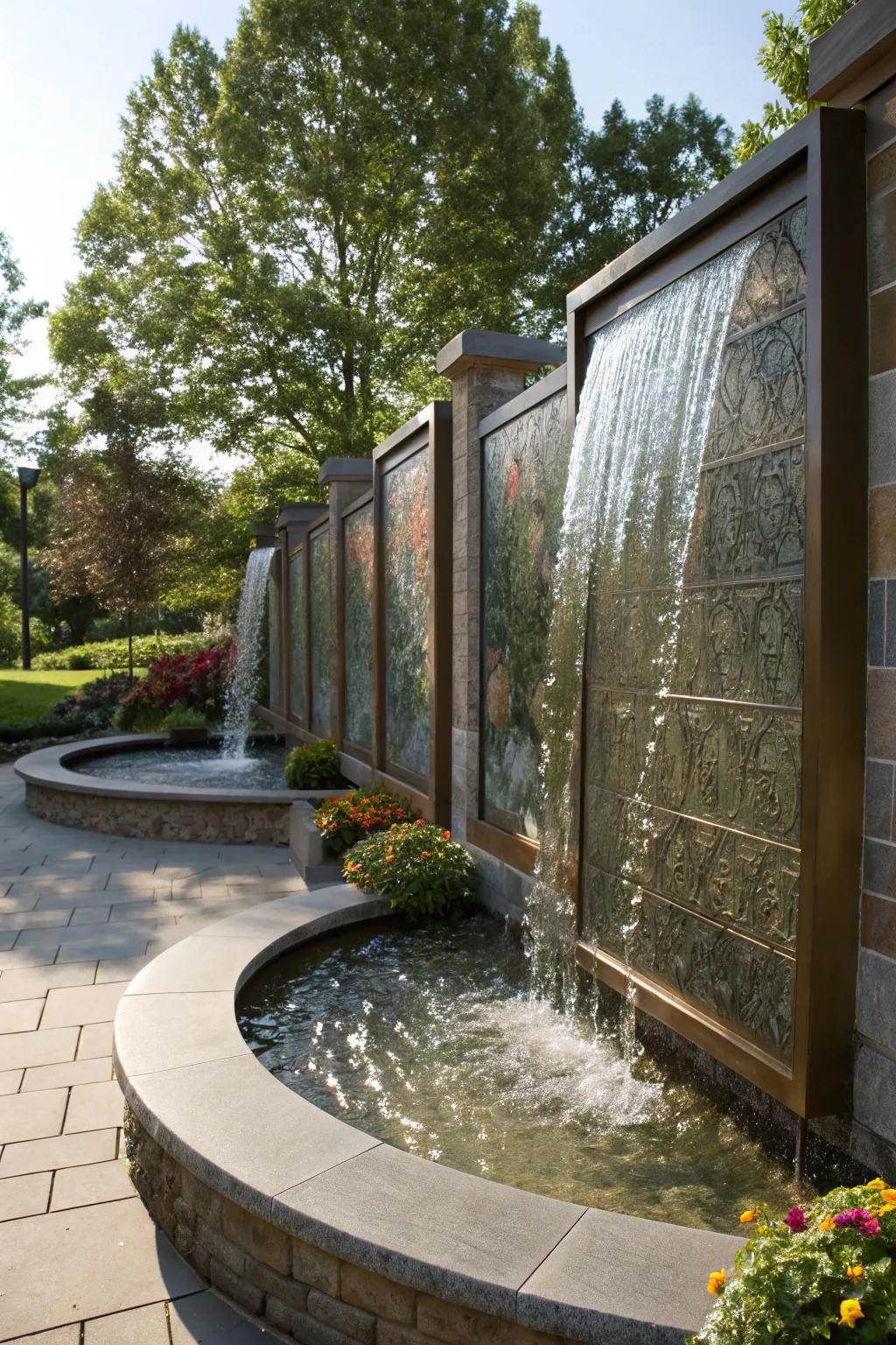 Artistic sculptured water wall adding sophisticated style.