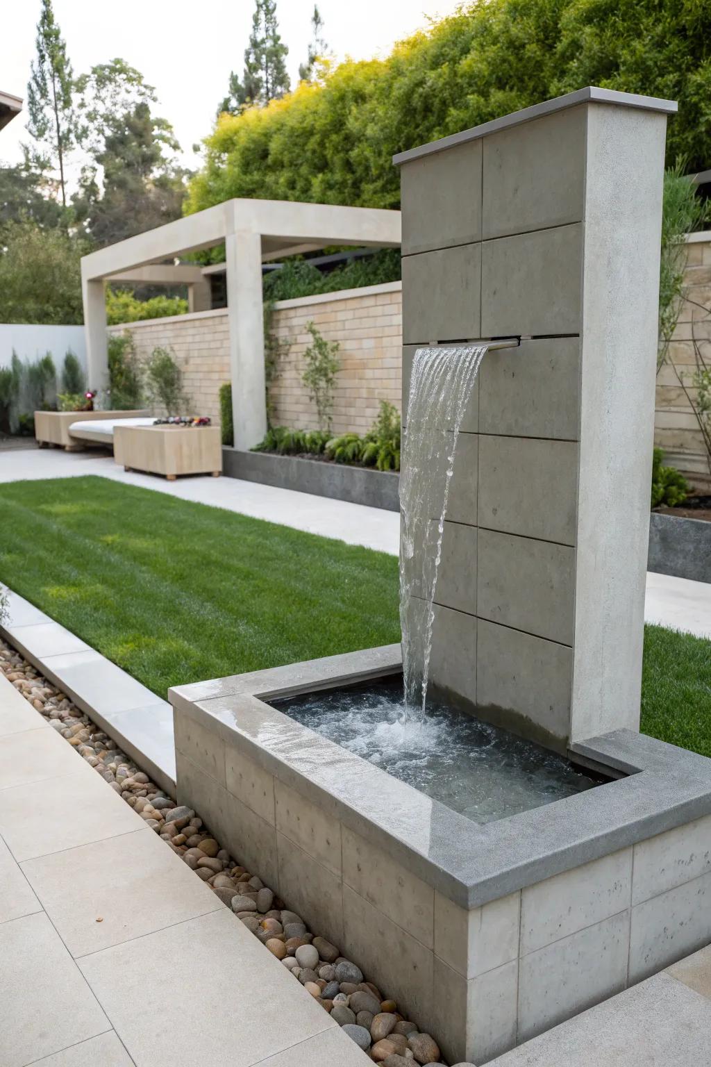 Minimalist concrete and stone water wall fountain in modern setting.