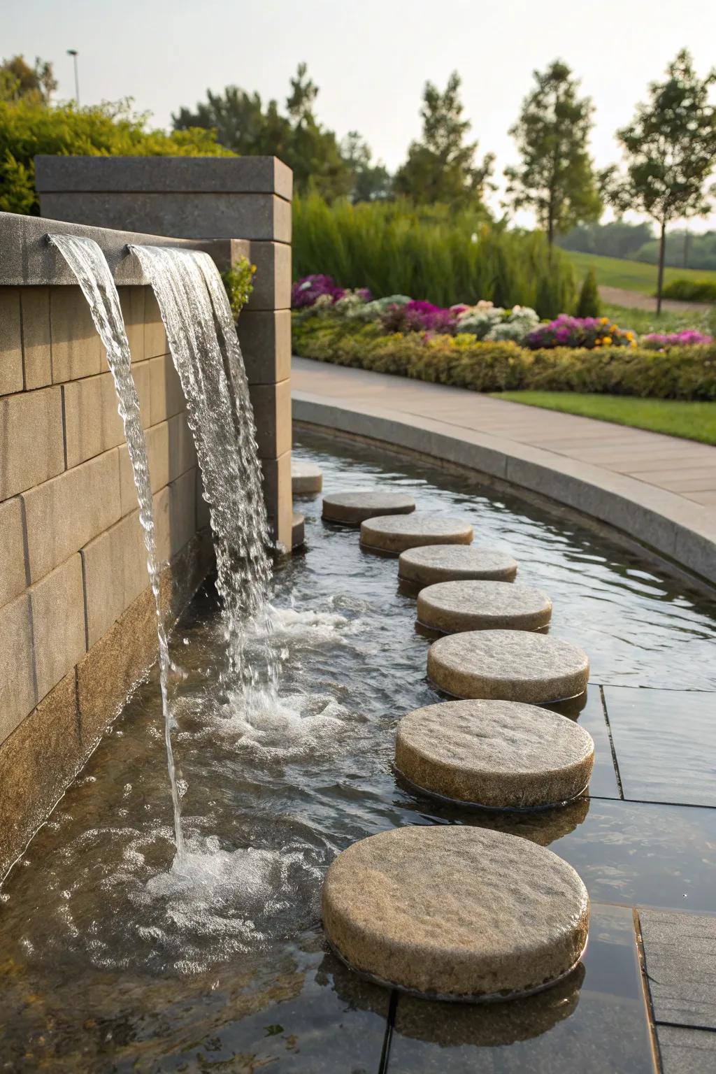 Interactive water wall featuring stepping stones for garden enjoyment.
