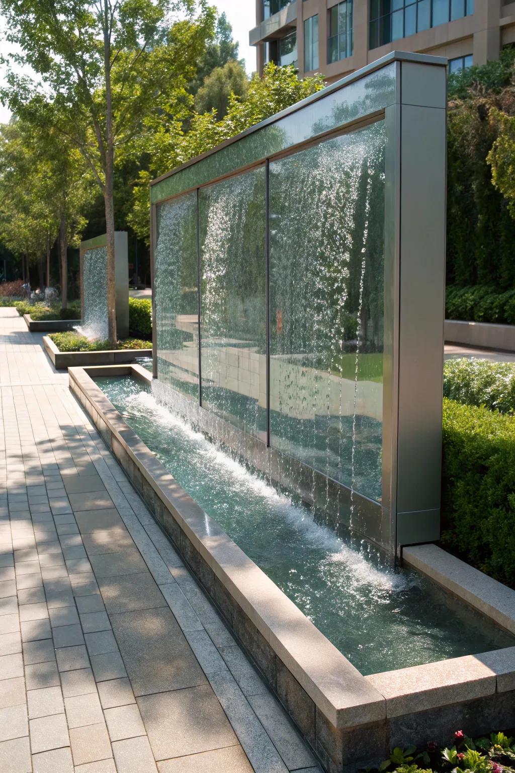 Water wall with sleek glass panels enhancing natural light.