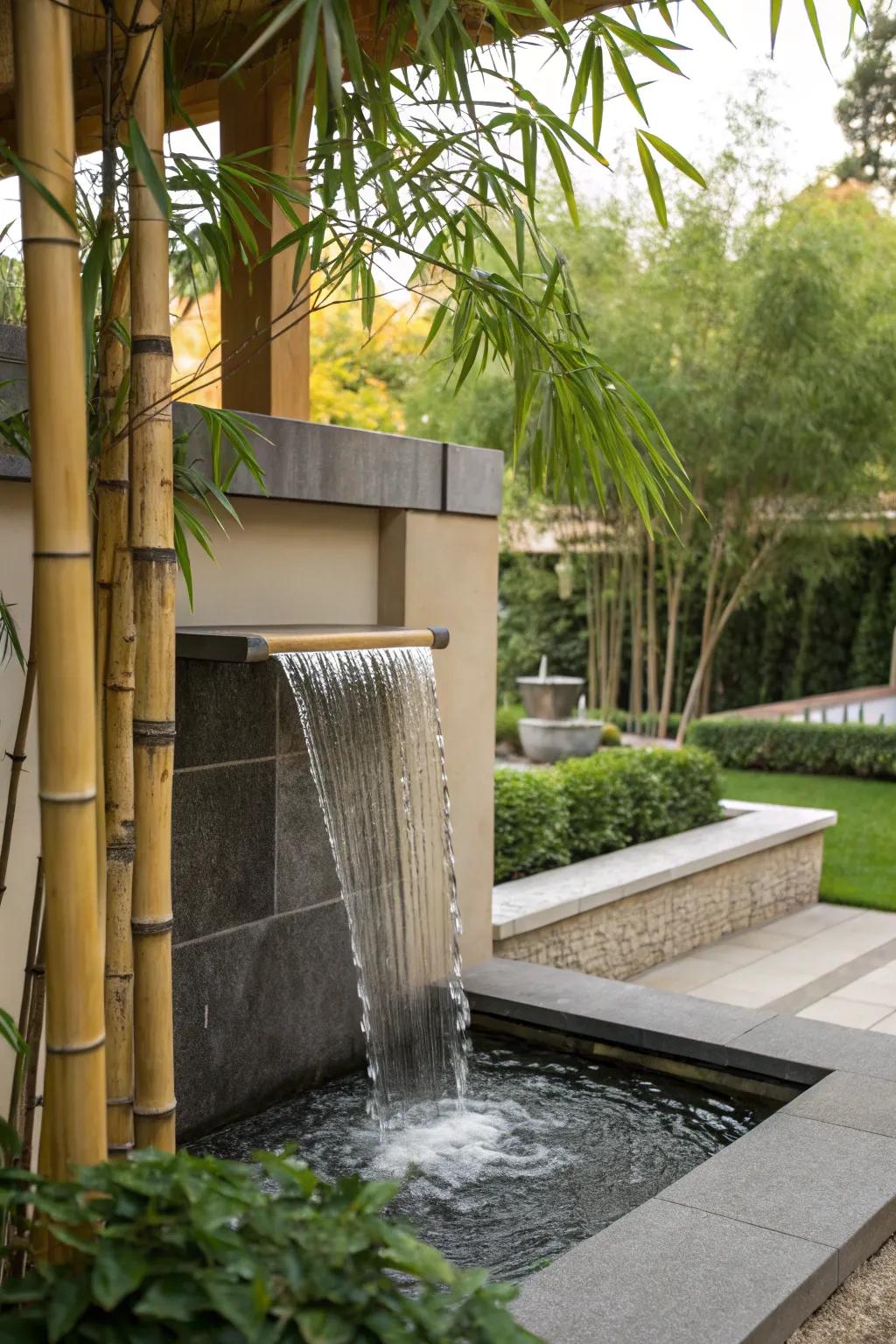 Serene bamboo water wall creating a peaceful Zen setting.