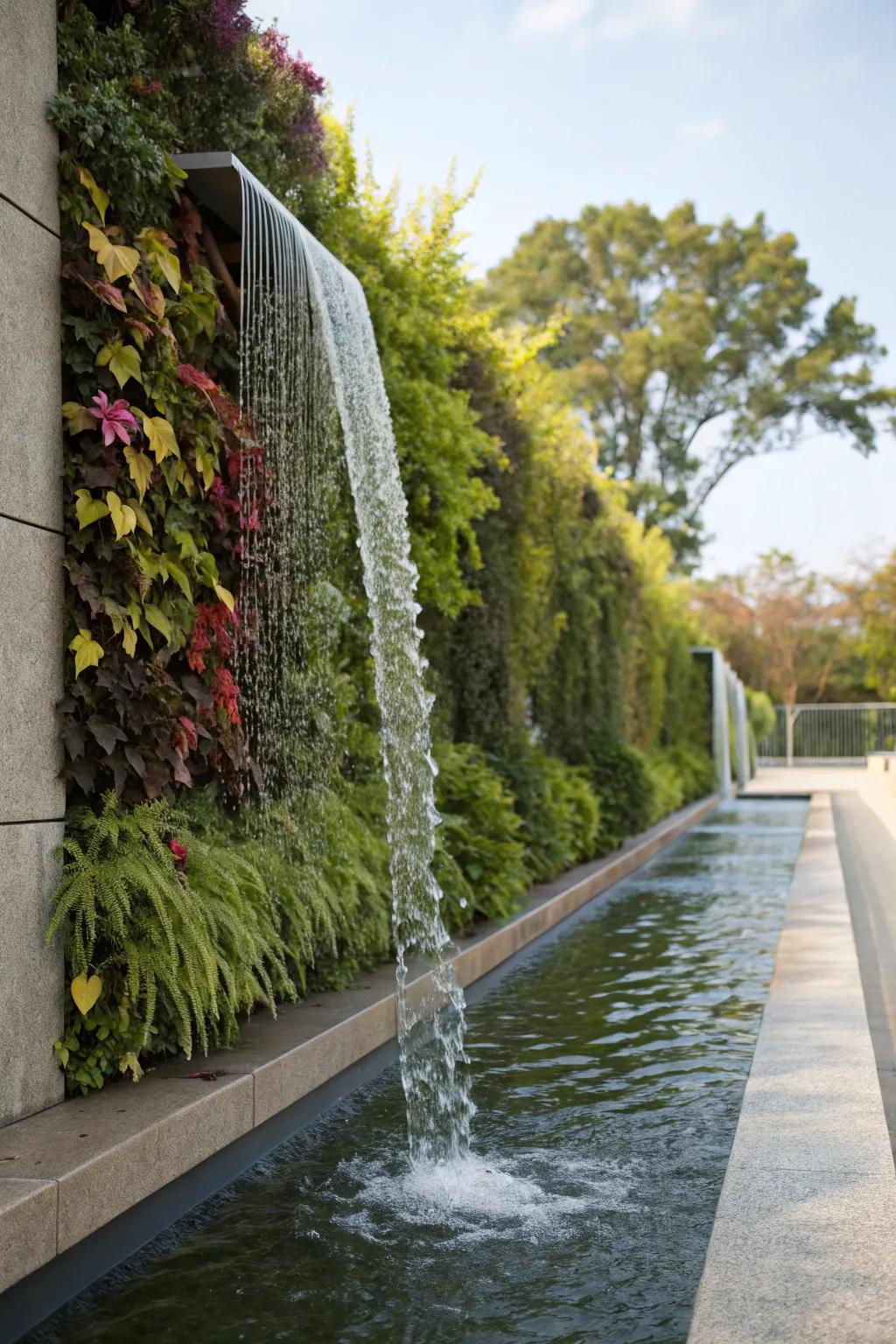 Vertical garden incorporated with a water wall for a natural blend.