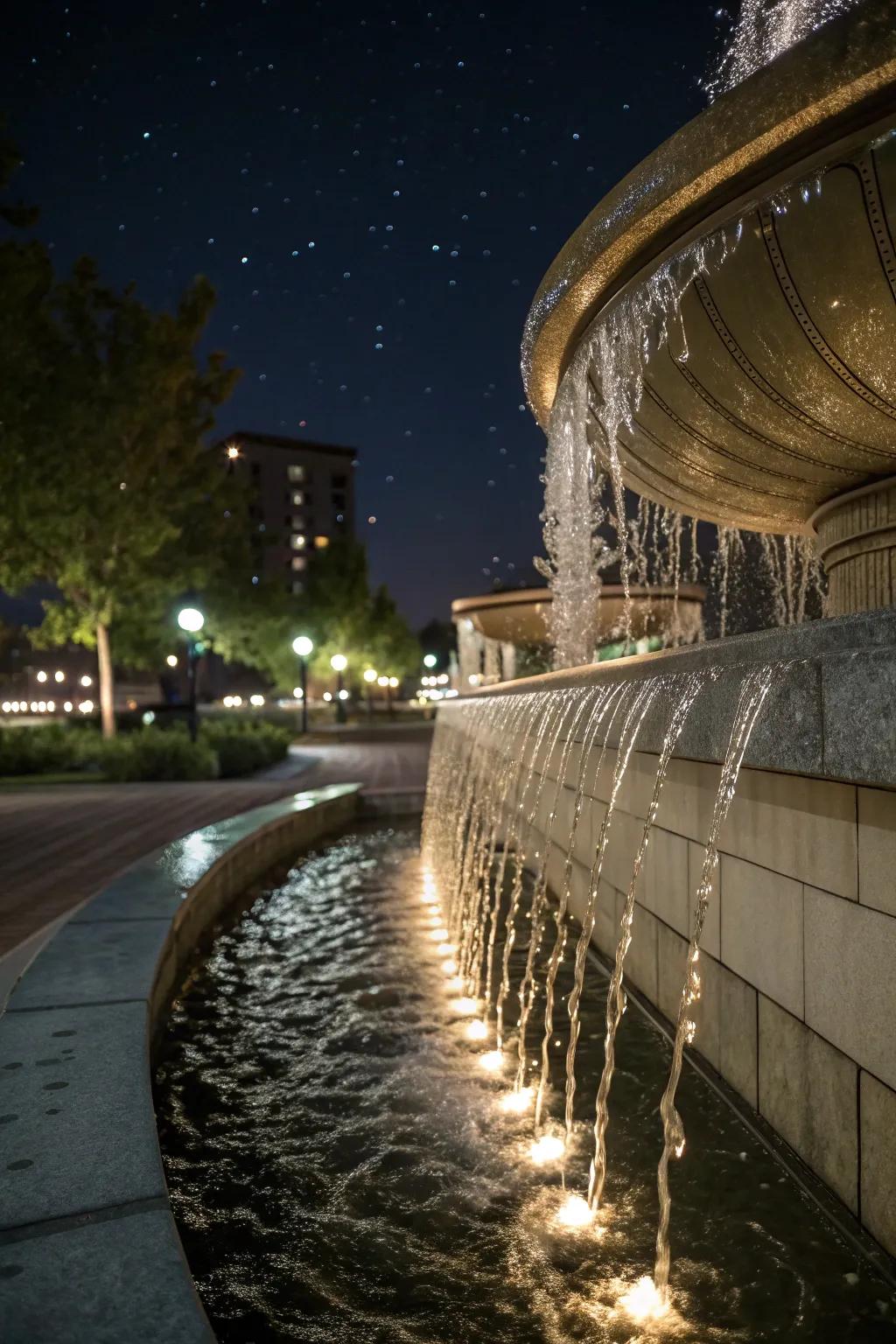 Water wall with soothing LED lighting creating evening charm.
