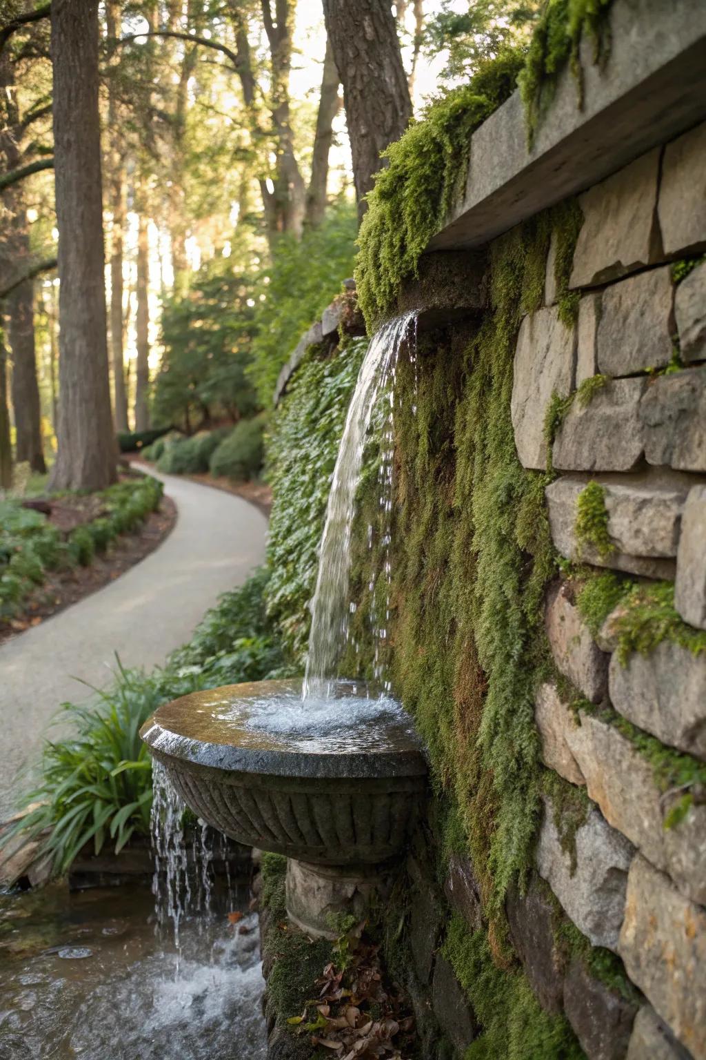 Water wall with concealed water source creating an intriguing illusion.