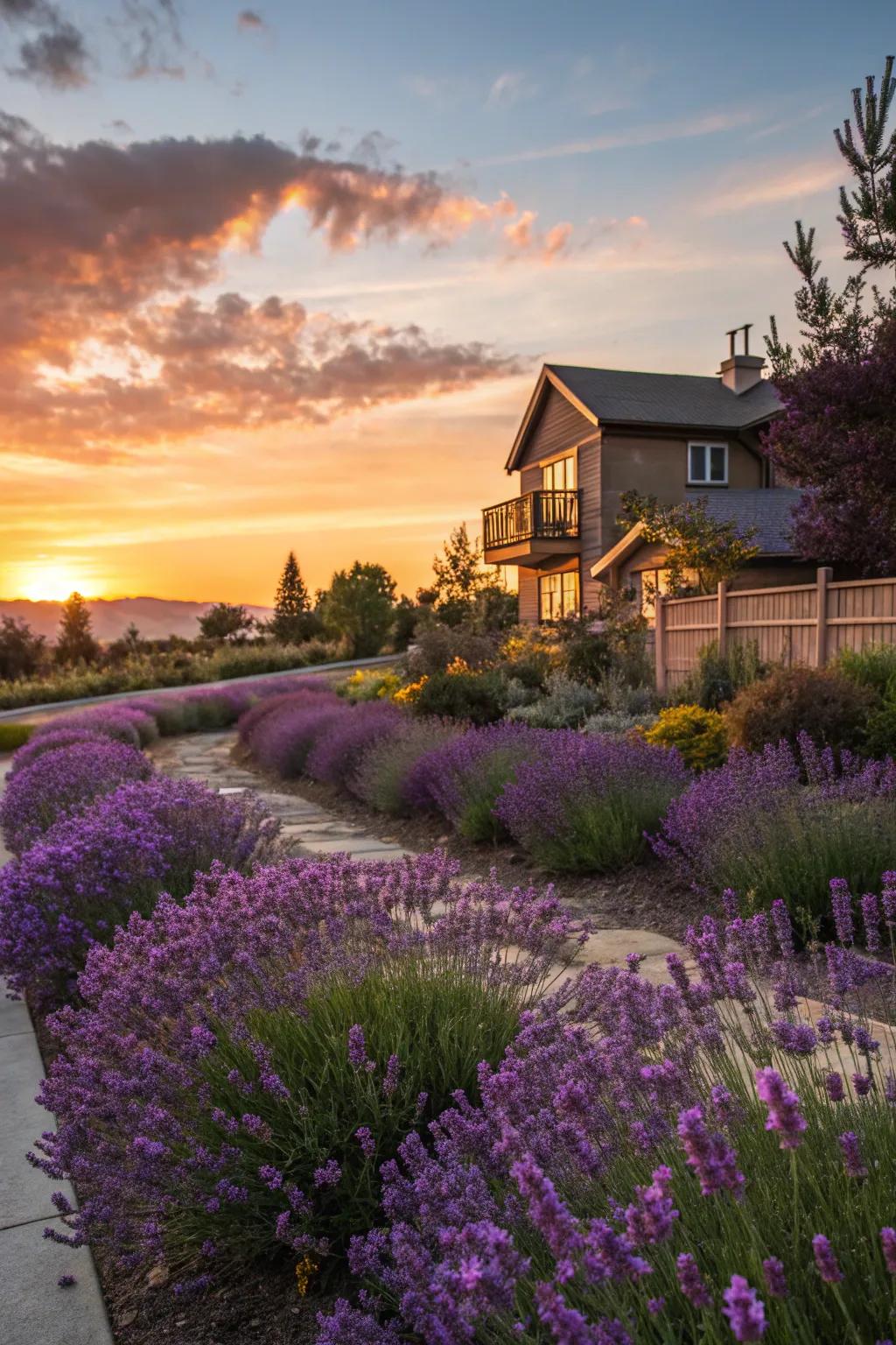 Lavender glowing under the sunset.