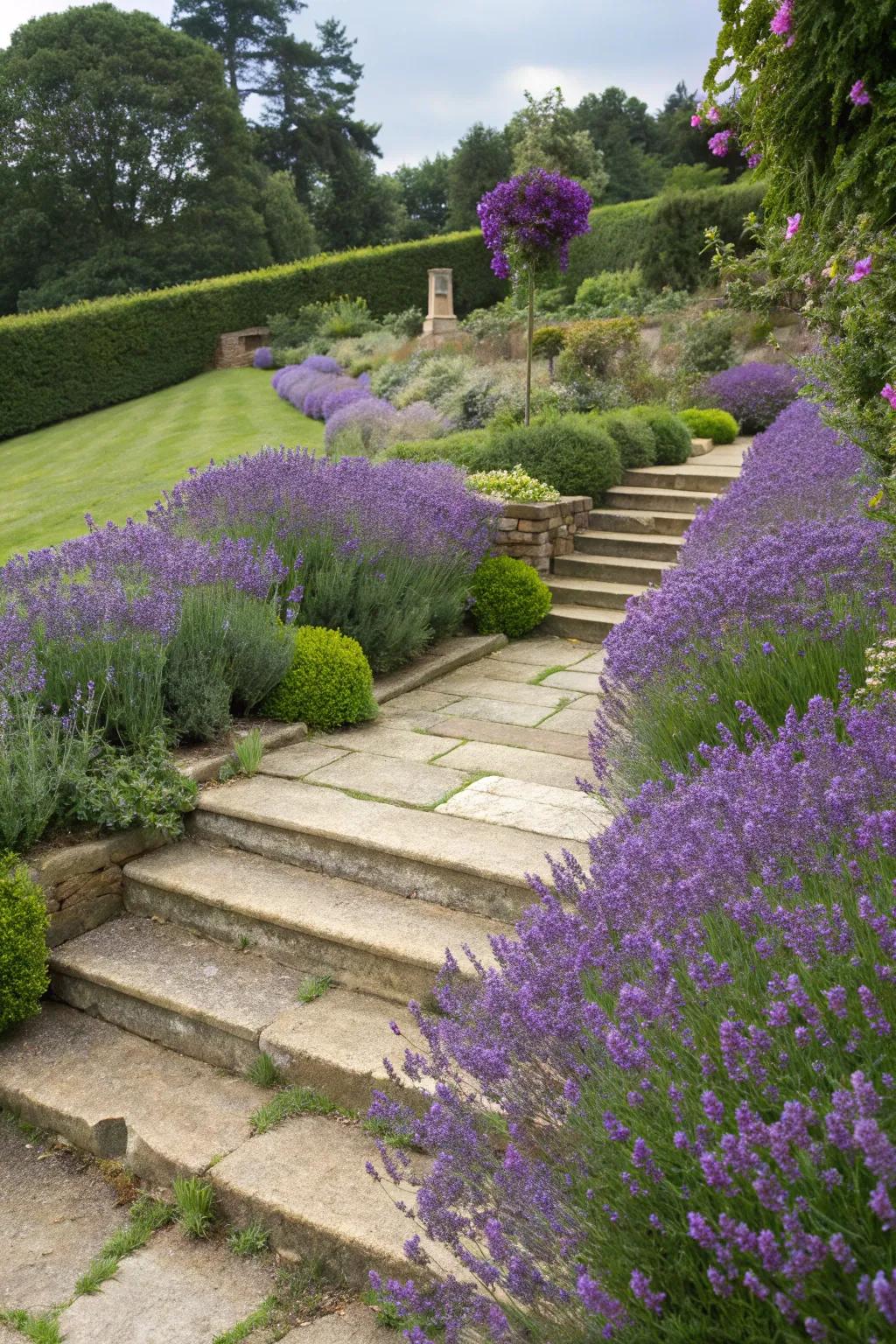 Steps gracefully lined with lavender.