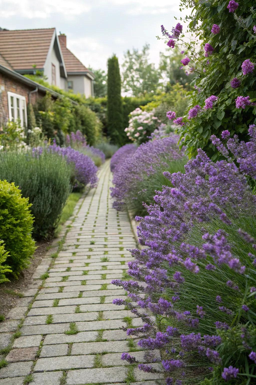 A garden path beautifully bordered with lavender.