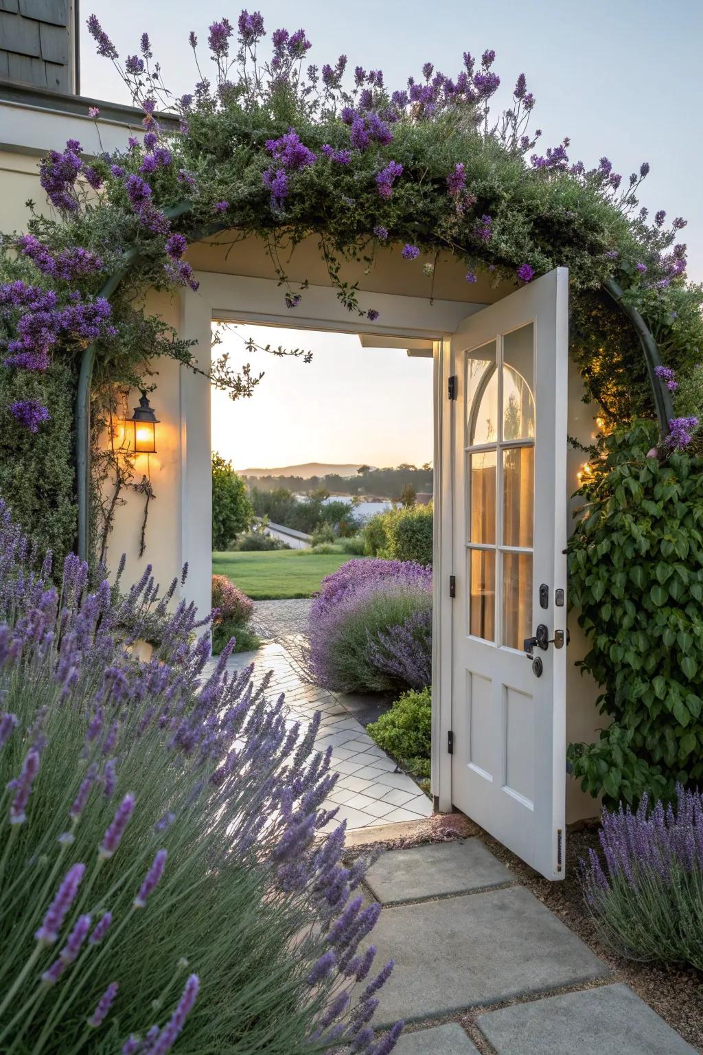 A welcoming doorway surrounded by lavender.