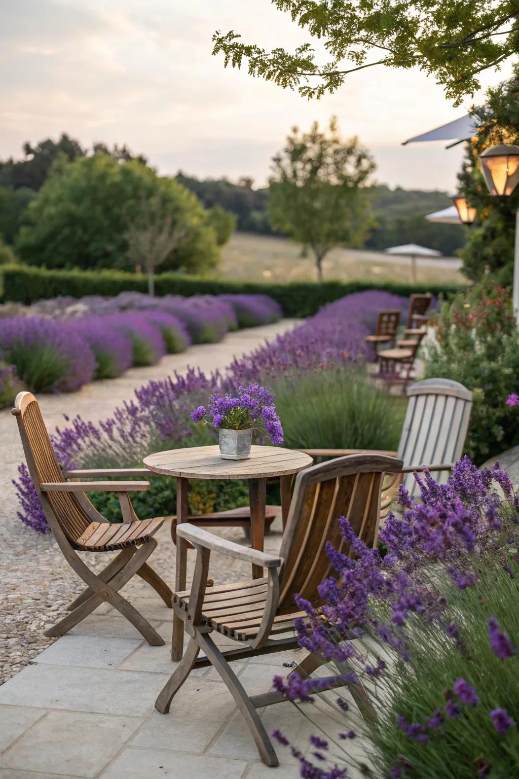 A cozy seating area enveloped by lavender.