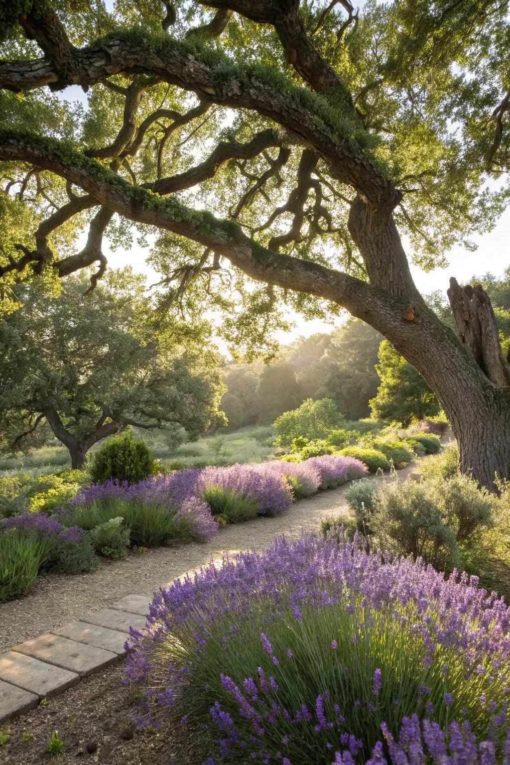 Lavender underplanted beneath a large tree.