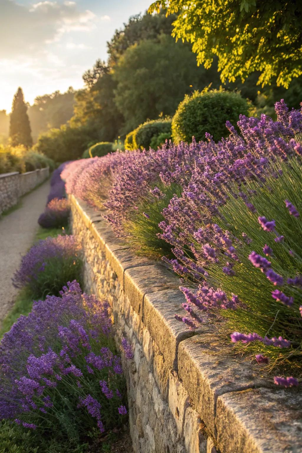 Lavender flourishing beside a rustic stone wall.
