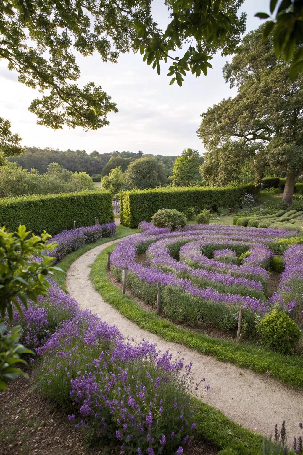 A playful mini maze made of lavender.