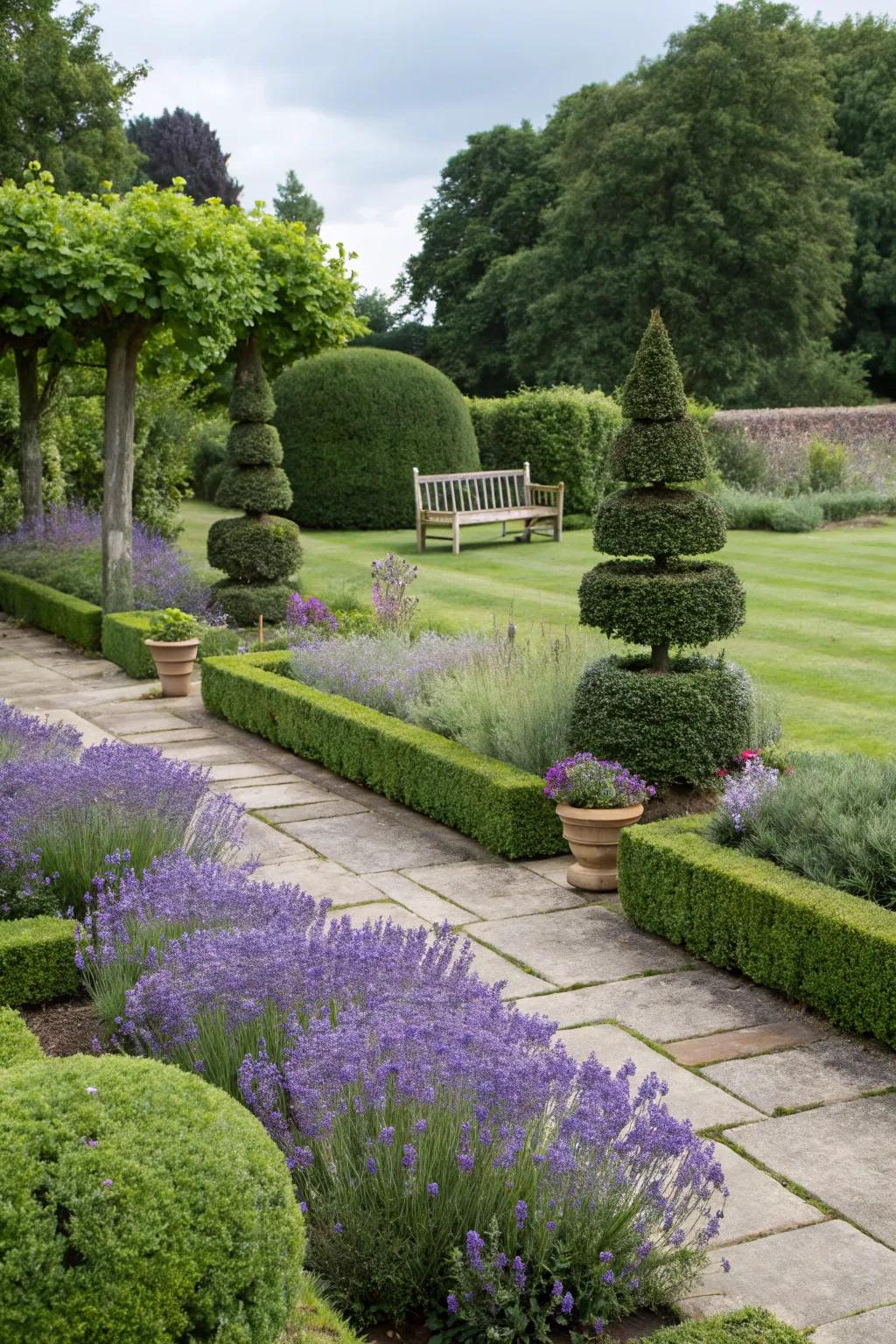 Lavender and topiary creating garden magic.