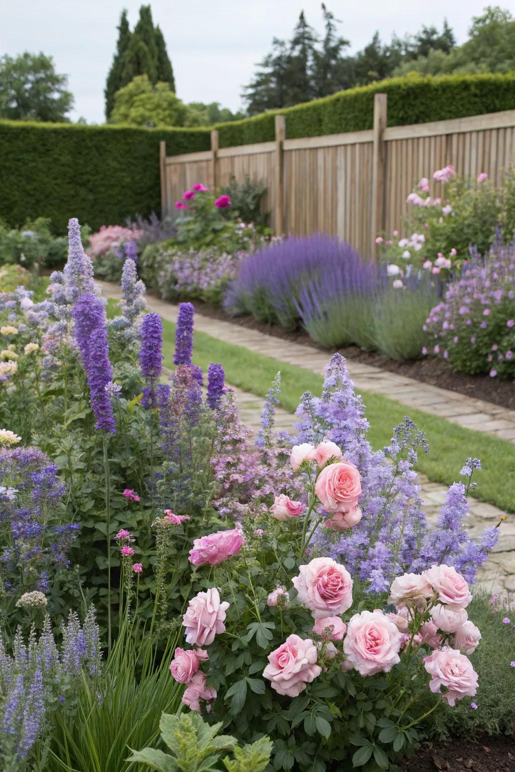 Lavender paired beautifully with roses and delphiniums.