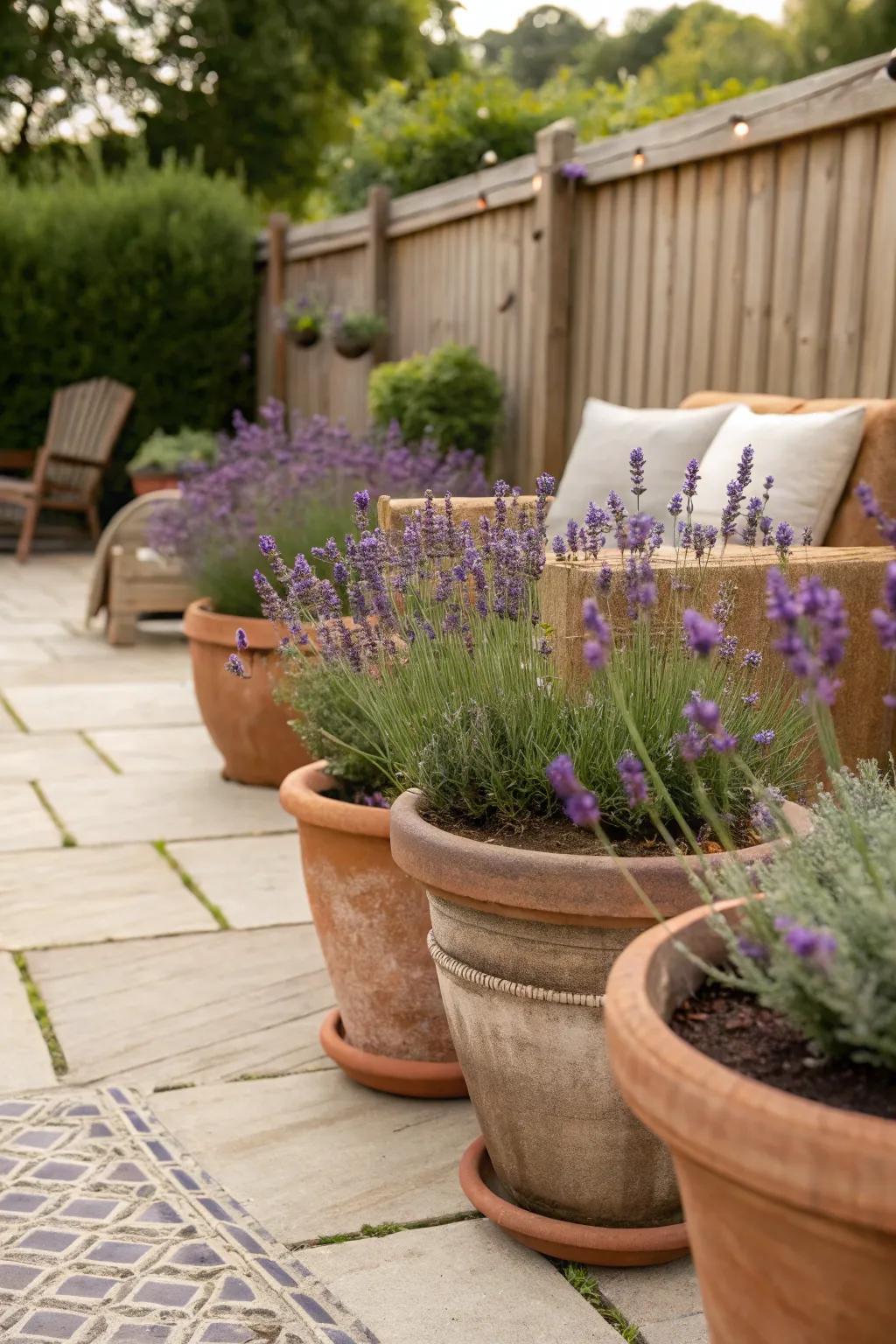 Lavender thriving in terracotta containers.