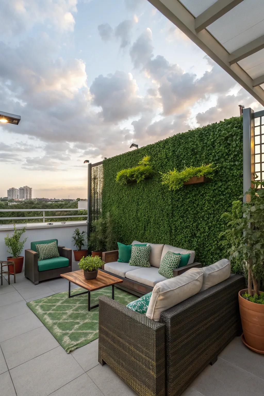 Artificial green walls offer lush greenery without maintenance.