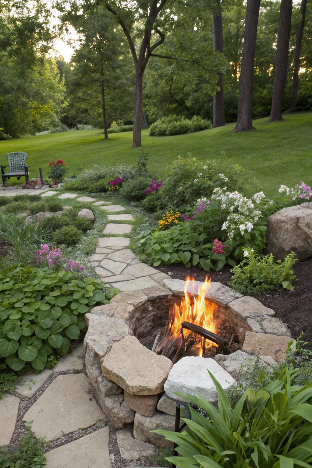 A fire pit that beautifully merges with the surrounding nature.