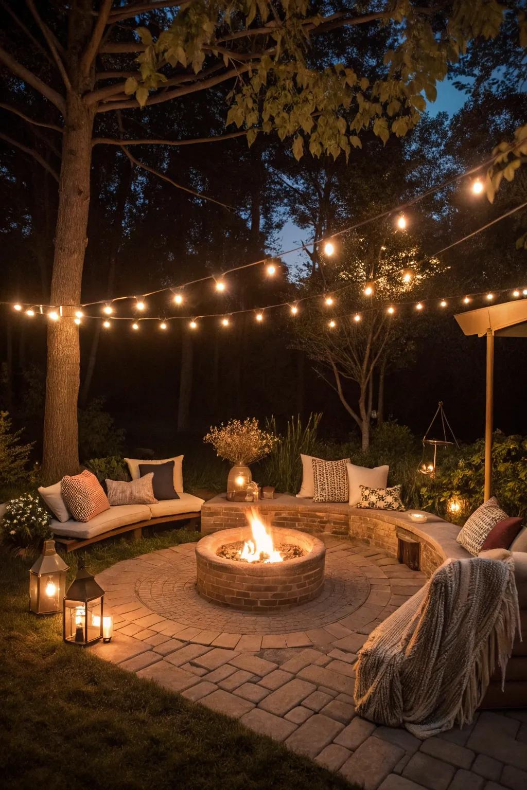 Ambient lighting transforms this fire pit area into a magical space.