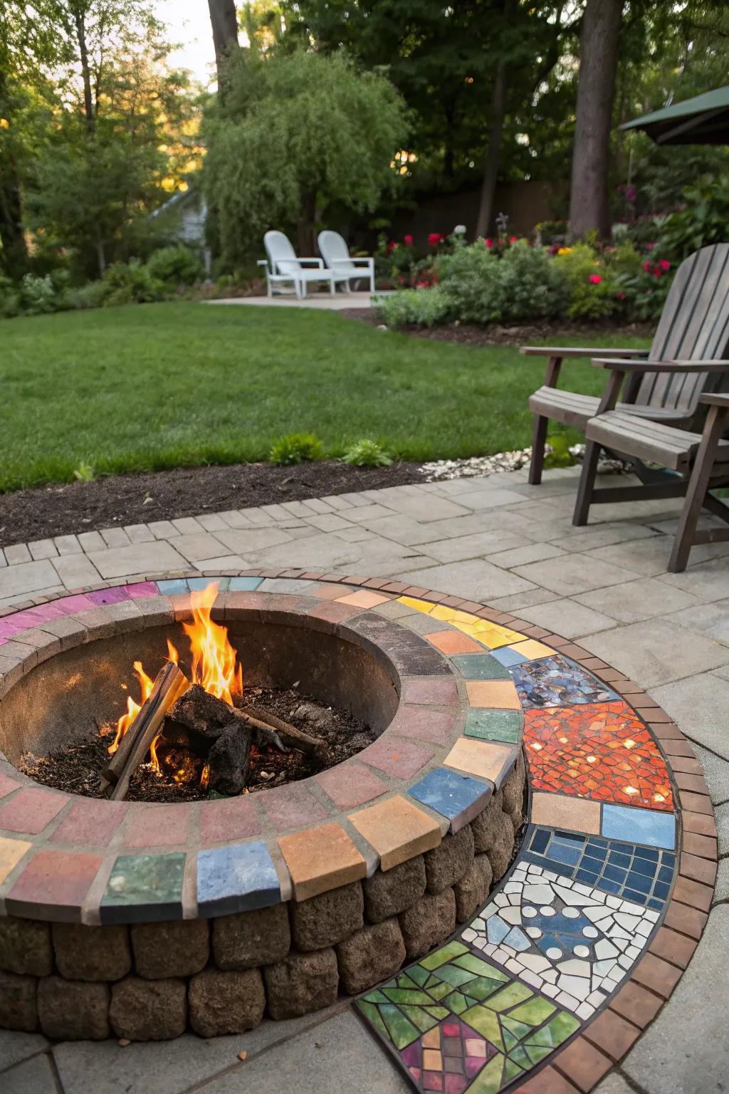 A colorful mosaic paver surround adds personality to this fire pit.