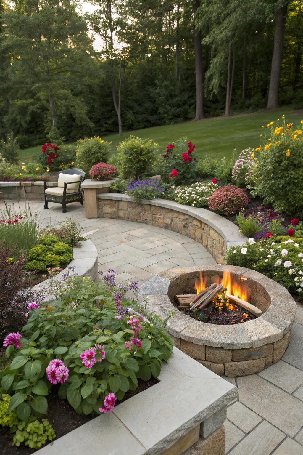 Built-in planters add a touch of green to this fire pit area.