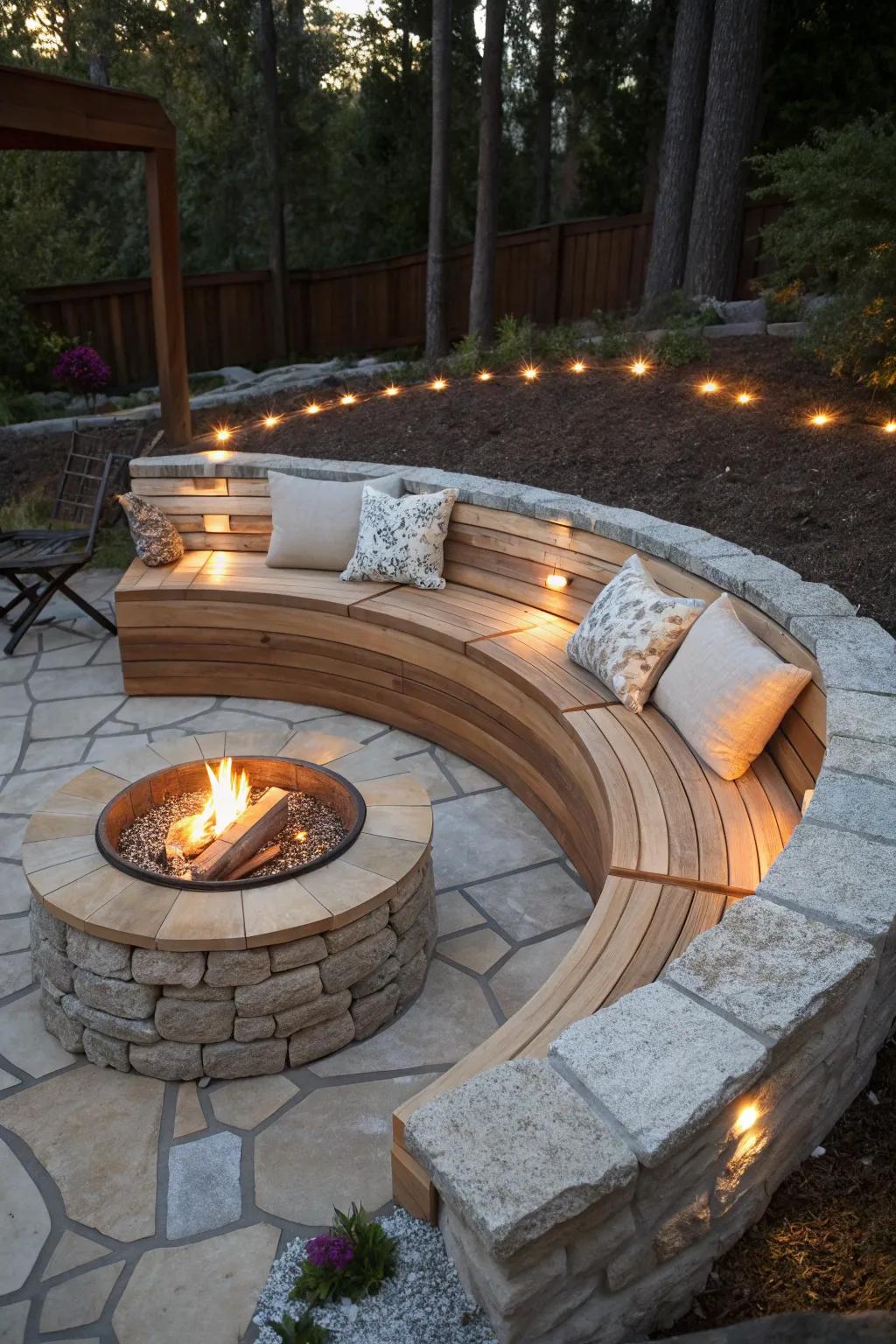 A cozy fire pit with stylish built-in seating perfect for gatherings.