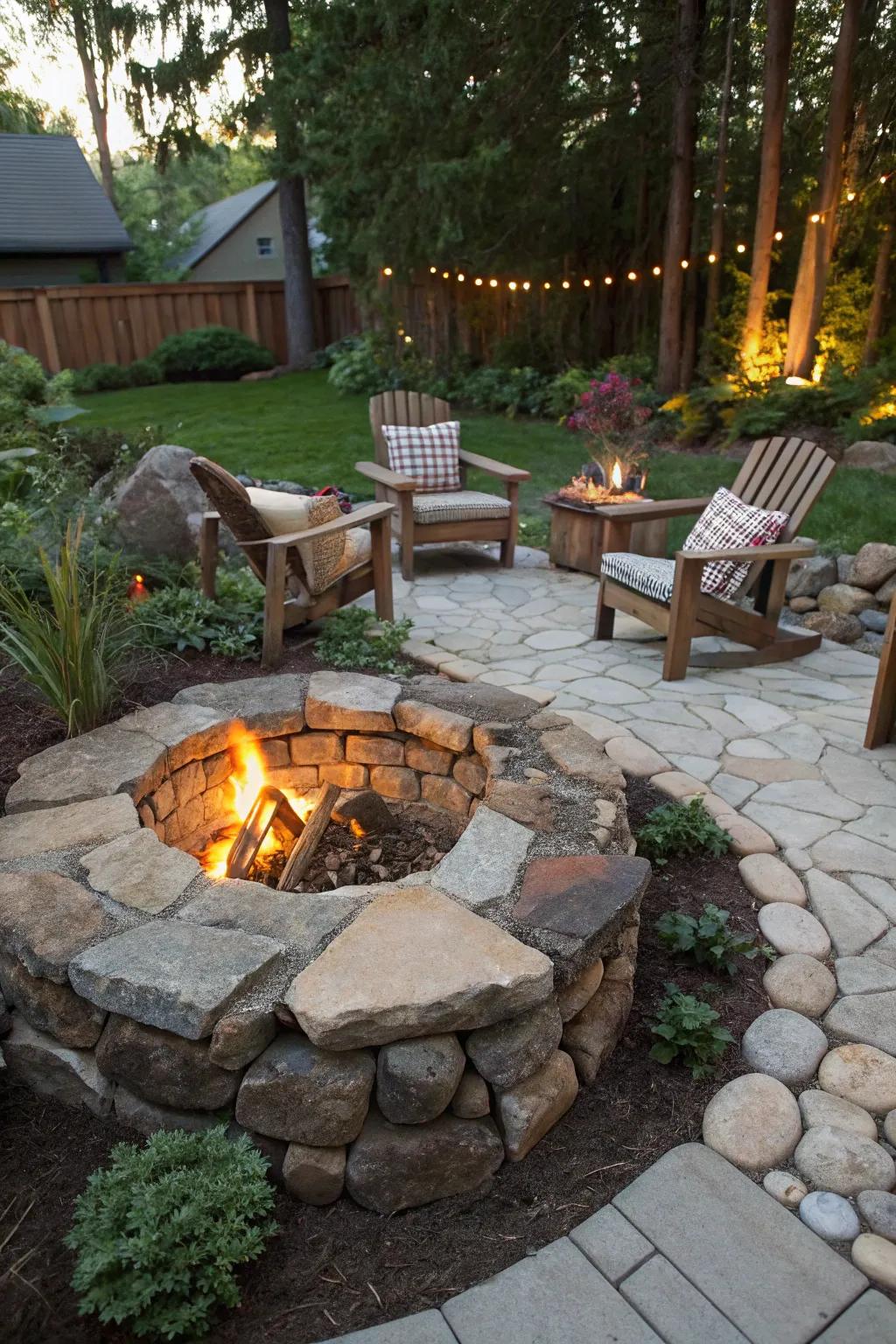 A sustainable fire pit design using recycled and local materials.