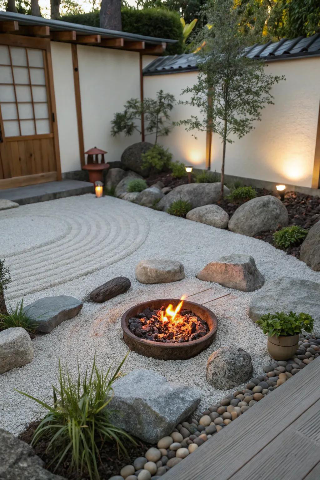 A Zen garden fire pit offering a tranquil and calming environment.