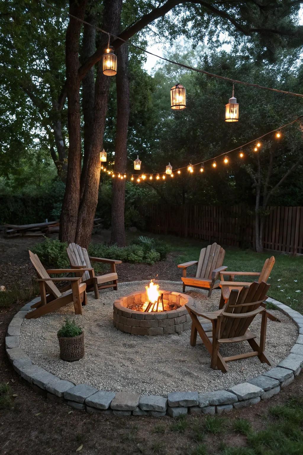 A rustic gravel circle fire pit setting inviting you to unwind.