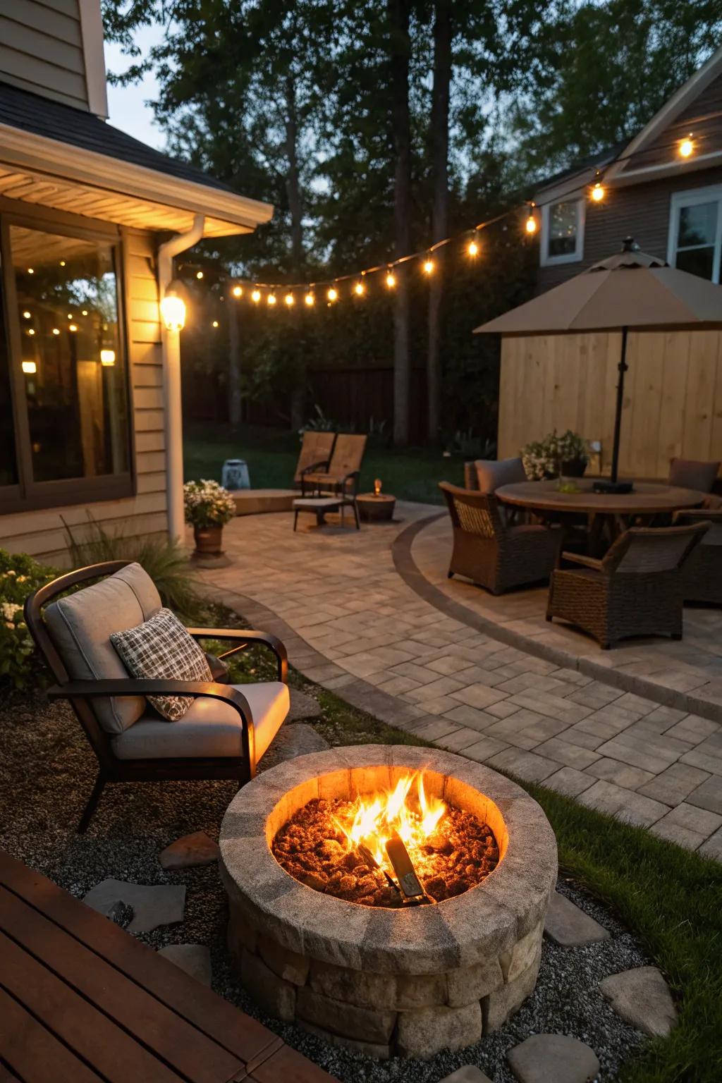 A fire pit seamlessly integrated into a patio for stylish entertaining.