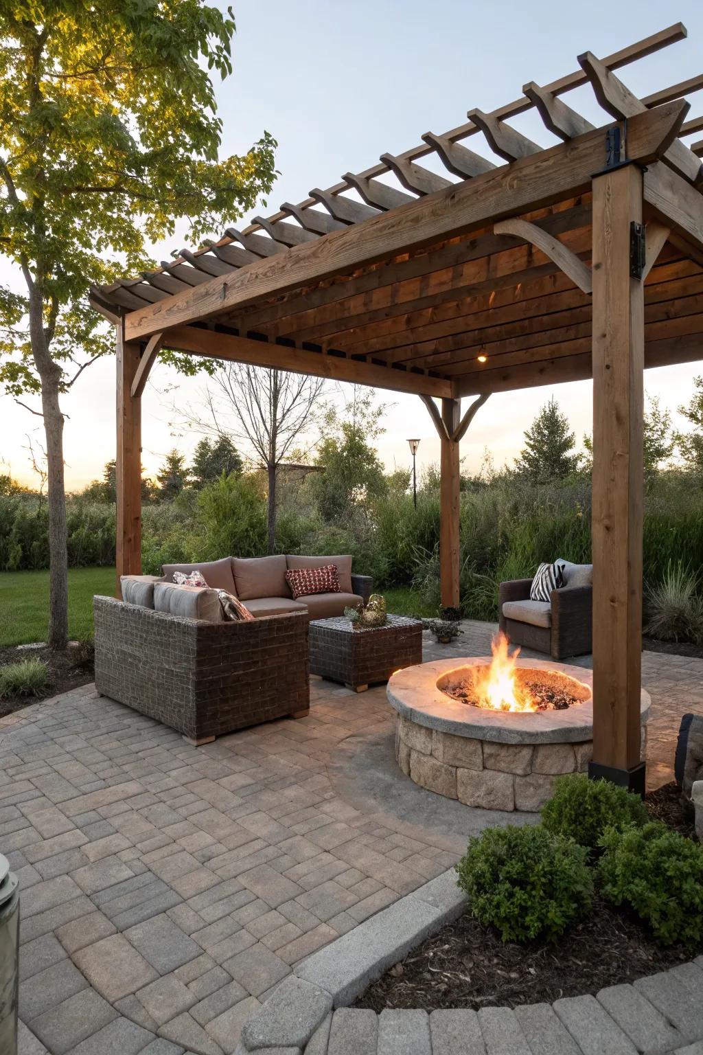 A pergola over the fire pit offers shade and style.