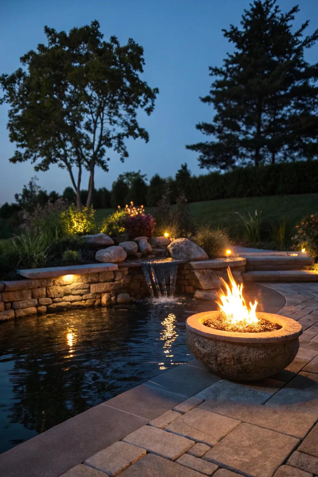 A fire pit paired with a water feature for a tranquil retreat.