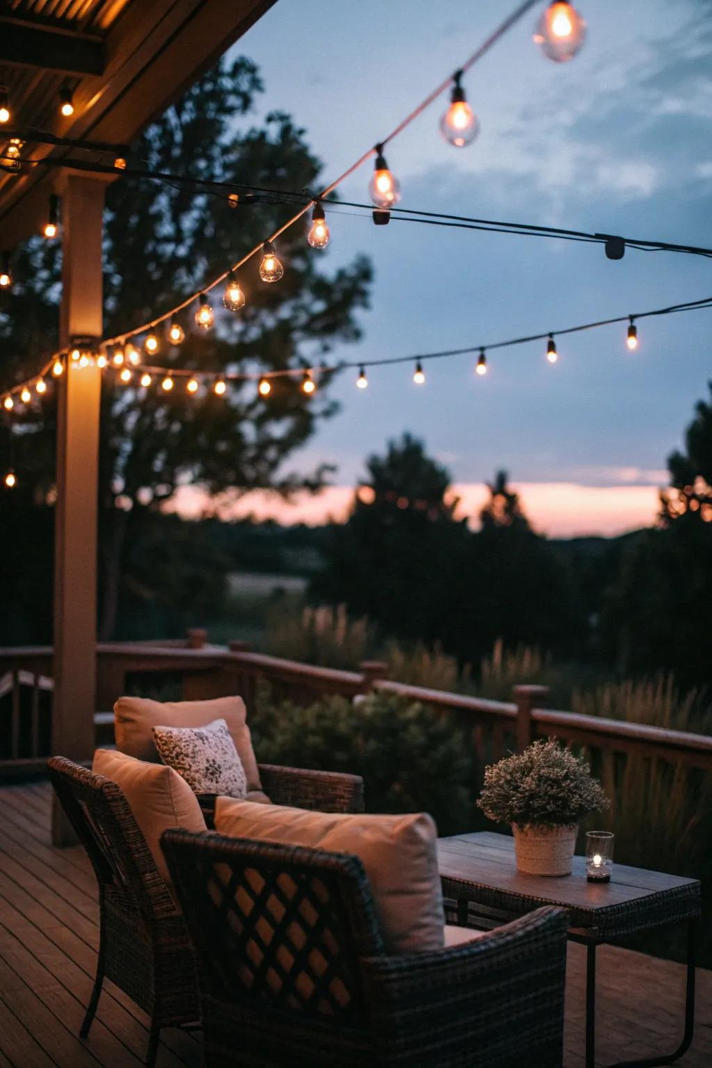 String lights create a charming and intimate patio environment.