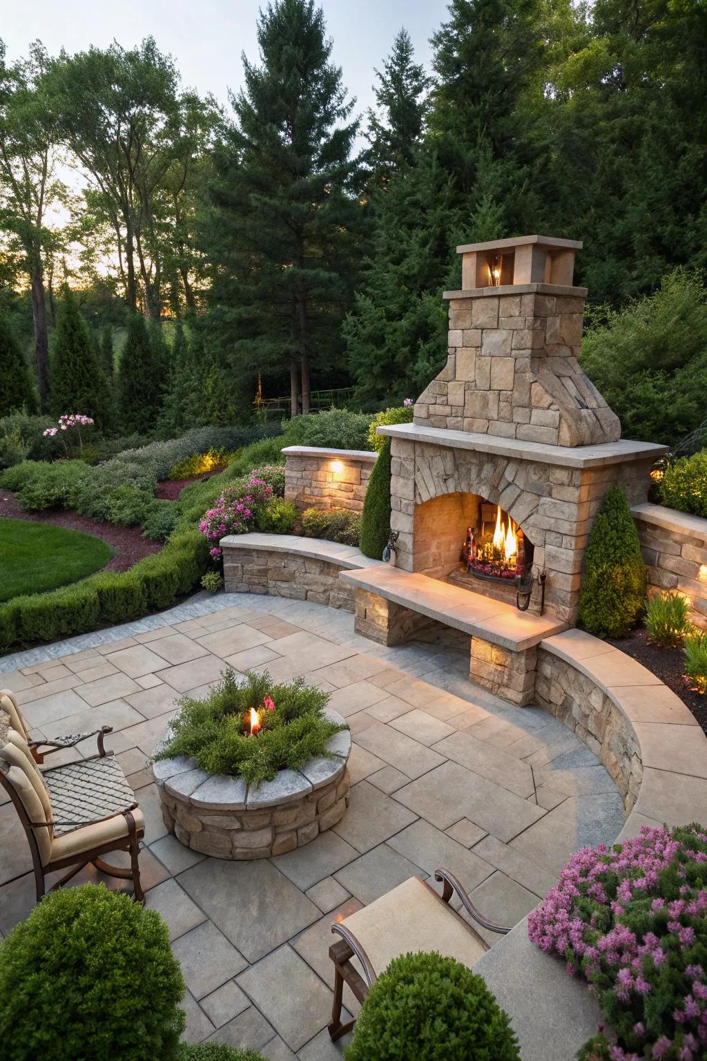 Cozy built-in seating around the fire pit.
