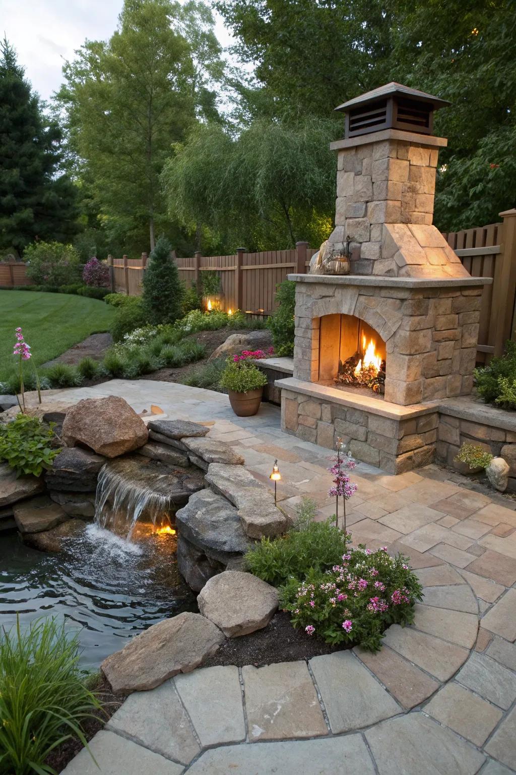 Balancing fire with calming water for a serene environment.