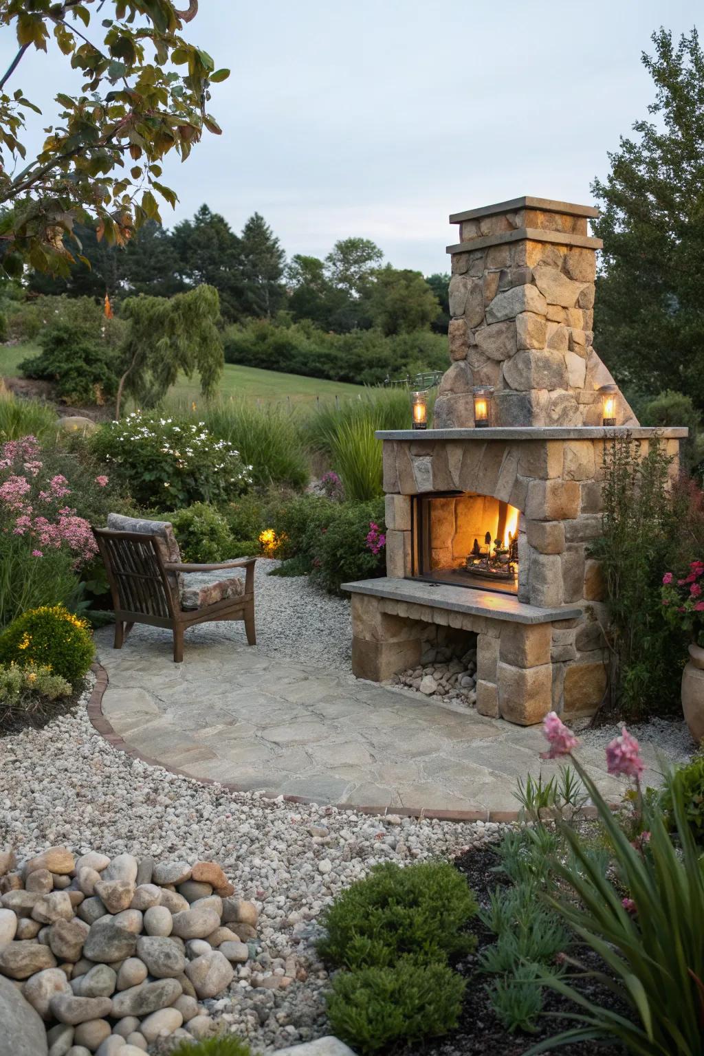 Fire-safe gravel surrounds blending safety and aesthetics.