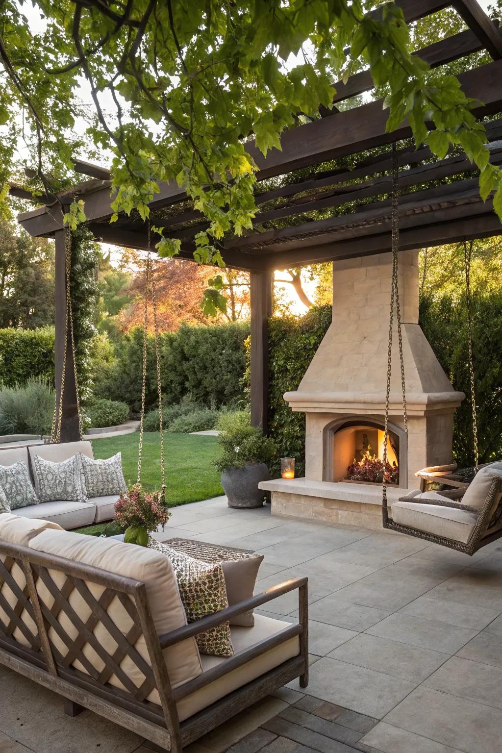Swing seats add fun and relaxation around the fireplace.